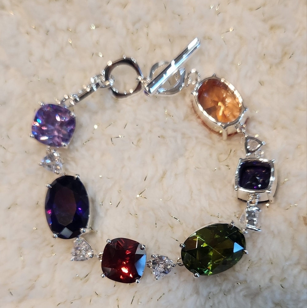 Silvertone Bracelet With 6 Multi-Colored Stones - image 1